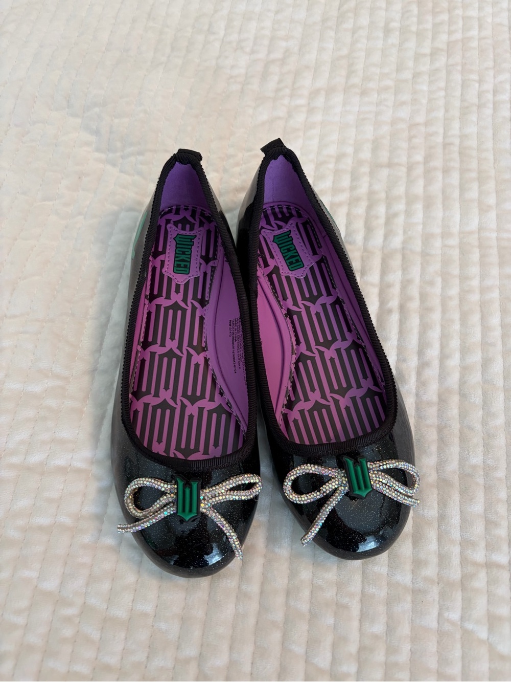 Wicked Themed Black Glitter Ballet Flats with Purple Insole